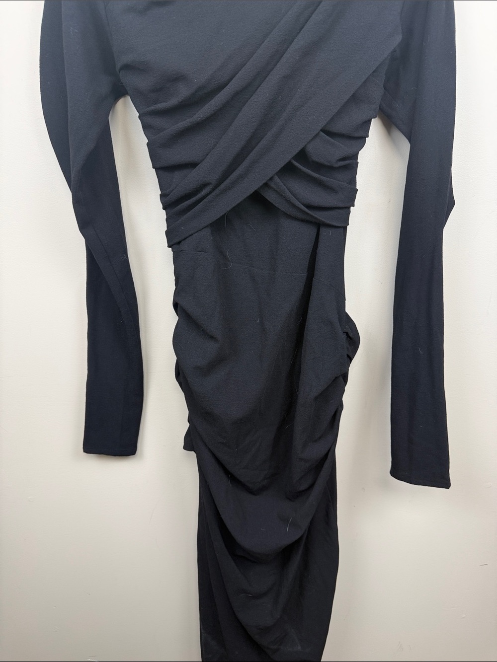ZARA STUDIO lightweight wool Black Long-Sleeve Ruched Midi Dress large - Picture 11 of 16